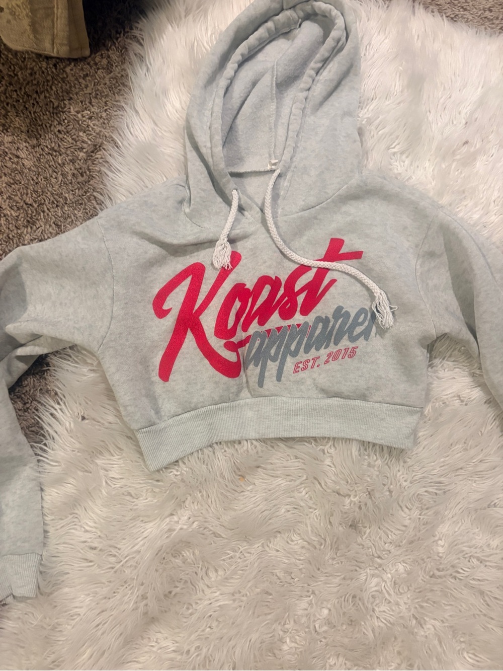 Cropped Hoodie Sweater - Light Gray with Pink Logo
